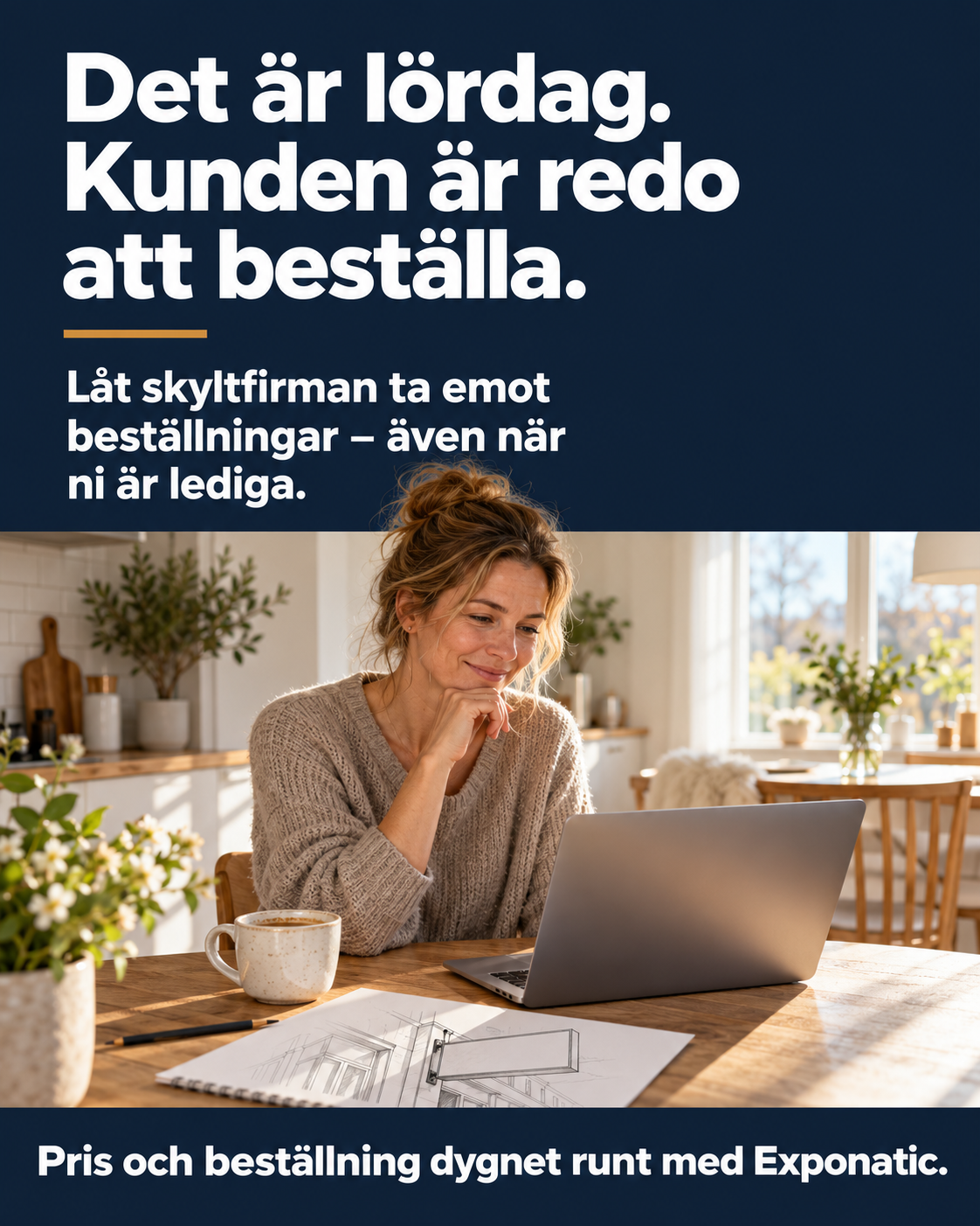Kund vid en laptop med en skiss av en butiksskylt. Bildbudskap: Det är lördag. Kunden är redo att beställa. Pris och beställning dygnet runt med Exponatic.